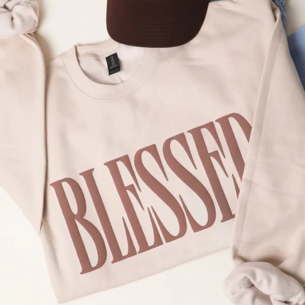NWT Blessed Graphic Sweatshirt in Tan and Brown text